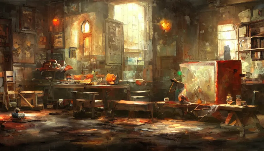 Prompt: puzzle, scape room, oil painting by jama jurabaev, brush hard, artstation, for aaa game, high quality, brush stroke