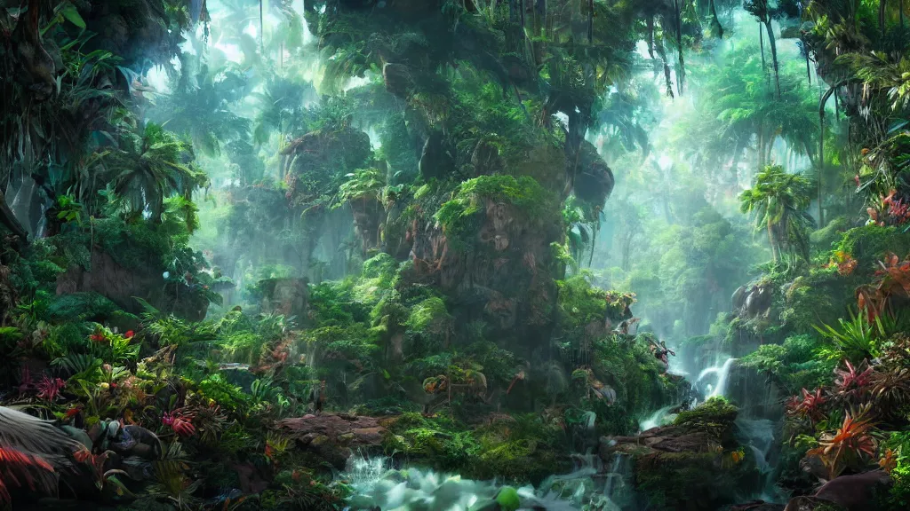 Prompt: tropical forest, fantasy artwork, very very very beautiful scenery, hd, hdr, ue5, ue6, unreal engine 5, cinematic 4k wallpaper, 8k, ultra detailed, high resolution, artstation, award winning