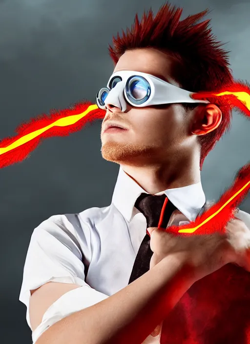 Image similar to photorealistic young man with red spiked long hair, using googles. Wearing black waistcoat, white shirt. dynamic lightning.