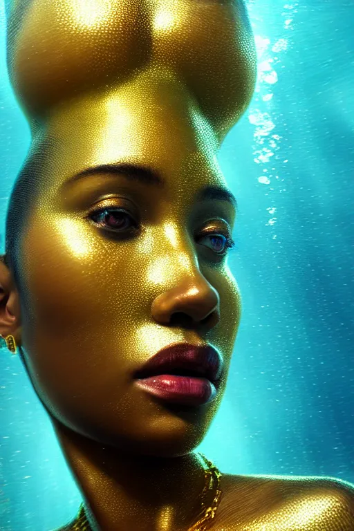 Image similar to hyperrealistic precisionist cinematic half underwater scene very expressive! translucent elegant african goddess full body, gold jewerly, highly detailed face, digital art masterpiece, aykut aydogdu eric zener, dramatic volumetric light, long shot, low angle uhd 8 k, sharp focus