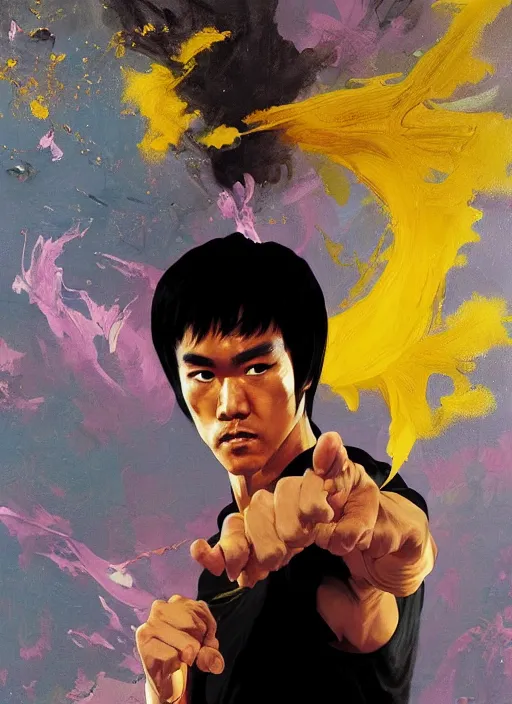 Image similar to bruce lee, yellow, spike aura in motion, floating pieces, painted art by tsuyoshi nagano, greg rutkowski, artgerm, alphonse mucha, spike painting