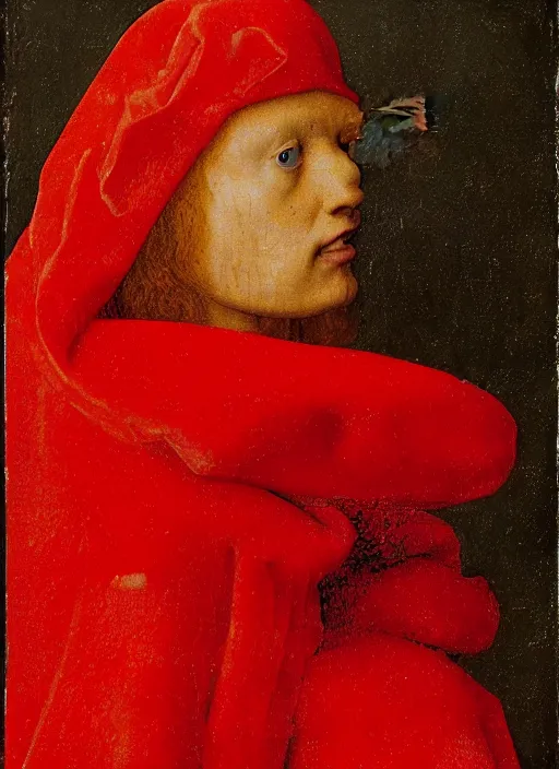 Image similar to profile of a fallen angel dressed in red with wings by Jan van Eyck, Hieronymus Bosch, Johannes Vermeer 4k post-processing, highly detailed medieval painting