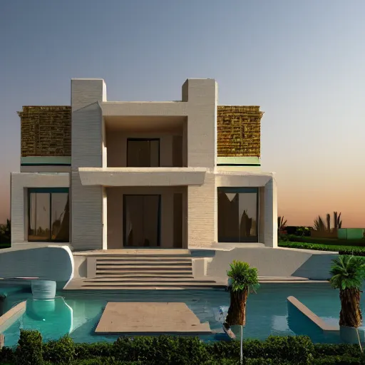 Prompt: a 4 k hd picture of a modern day house in the middle of egypt, digital art