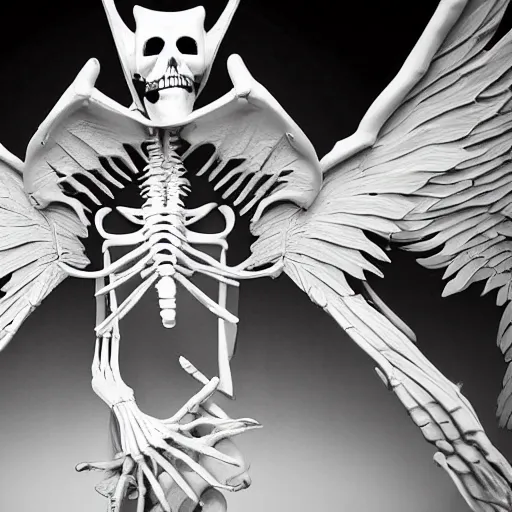 Prompt: Black and white photograph of a big white tall skeleton with wings and horns on the backrooms, 4K, highly detailed, surrealist, weird, strange, uncanny, odd, eerie, mysterious