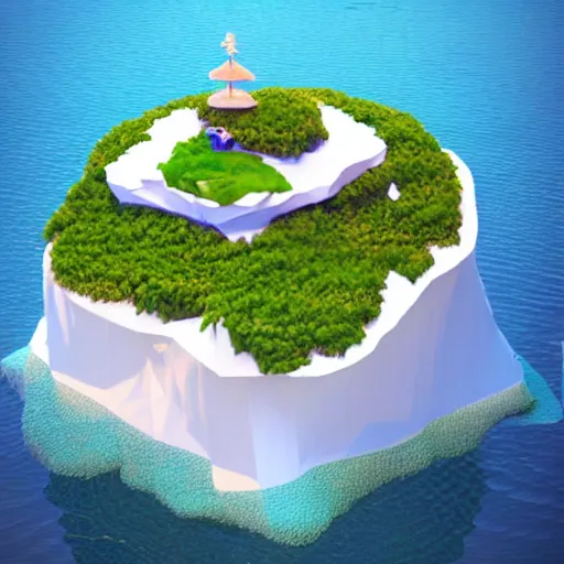 Prompt: a floating island on an ocean isometric art, low poly art, game art, artstation, 3D render, ultra detailed, cgsociety, unreal engine 5