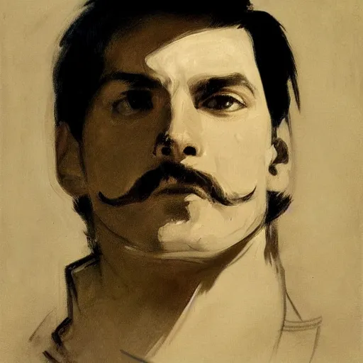 Prompt: Portrait of Roy Mustang with a pencil mustache by John Singer Sargent, naturalistic technique, bold brushwork, light and shadow, depth. Sense of movement.