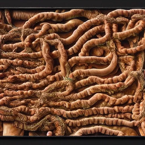 Prompt: by arthur streeton terrifying. a photograph of the human intestine in all its glory. each section of the intestine is labelled, & various items & creatures can be seen inside, such as bacteria, food particles, & even a little mouse.