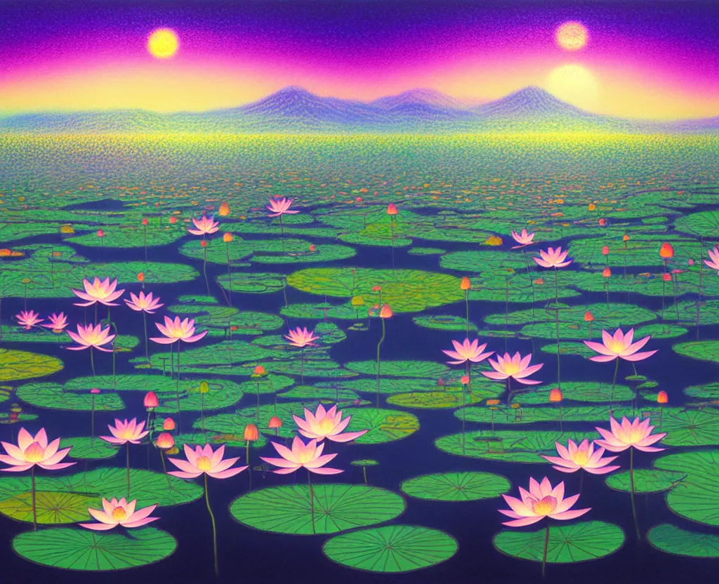 Image similar to a landscape pastel in the style of noriyoshi ohrai of a field of lotus flowers, glowing with iridescent mana, night time early dawn. key art. 4 k retrofuturistic fantasy