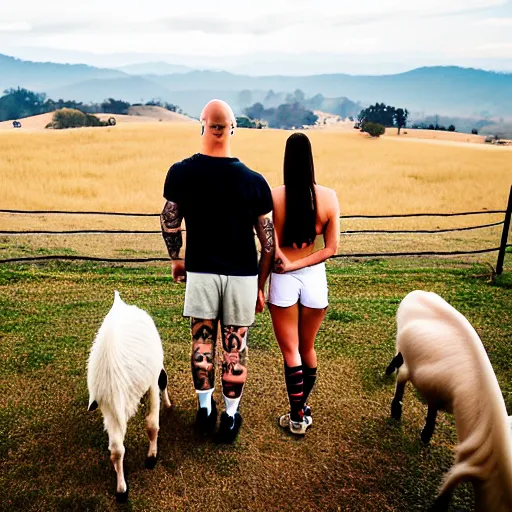 Image similar to portrait of a bald white male tattoos and his white female brown hair wife with tattoos. male is wearing a white t - shirt, tan shorts, white long socks. female is has long brown hair and a lot of tattoos. photo taken from behind them overlooking the field with a goat pen. rolling hills in the background of california and a partly cloudy sky