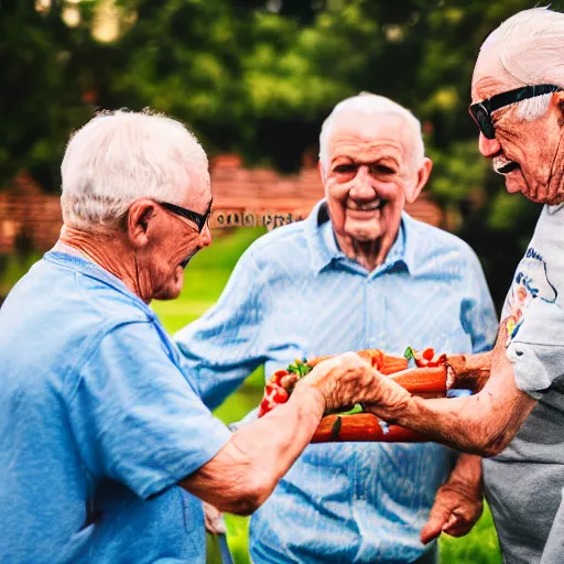 Image similar to elderly men fighting over a hotdog, 🌭, canon eos r 3, f / 1. 4, iso 2 0 0, 1 / 1 6 0 s, 8 k, raw, unedited, symmetrical balance, wide angle