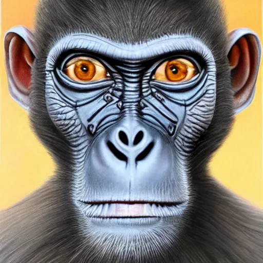 Image similar to a hyper realistic and highly detailed painting of a cybernetic monkey