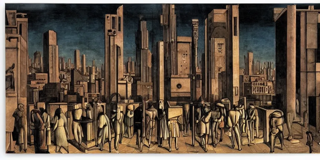 Image similar to friday night in a cyberpunk city by giorgio de chirico