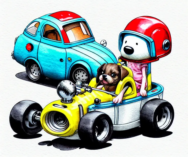 Image similar to cute and funny, puppy wearing a helmet riding in a tiny hot rod with an oversized engine, ratfink style by ed roth, centered award winning watercolor pen illustration, isometric illustration by chihiro iwasaki, edited by range murata, tiny details by artgerm and watercolor girl, symmetrically isometrically centered, sharply focused