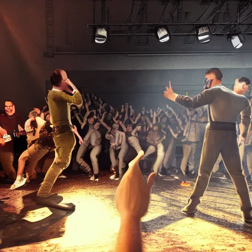 Image similar to adolf hitler and joseph stalin in a mosh pit at a metal concert, volumetric cinematic perfect light, detailed, sony a 7 r, photorealistic, octane render, unreal engine 5, 8 k