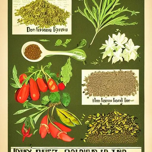 Image similar to a vintage botany poster with different herbs and spices