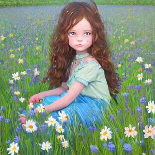 Prompt: a painting of a little girl with short wavy curly light brown hair and blue eyes, sitting in a field of flowers. beautiful detailed face line art by ilya kuvshinov and