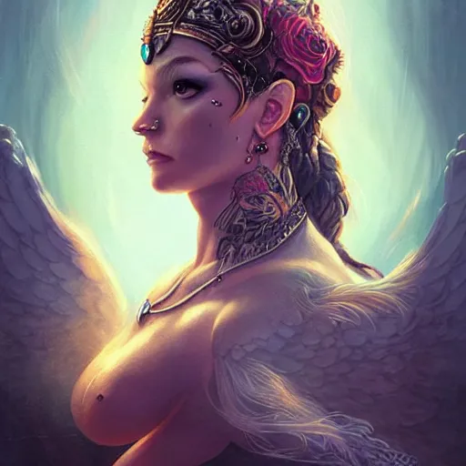 Image similar to goddess portrait, tattoo, unicorn, phoenix head, intricate artwork Tooth Wu, Greg Rutkowski, RPG, dynamic lighting, fantasy art, high contrast, depth of field, high detail, smooth gradients