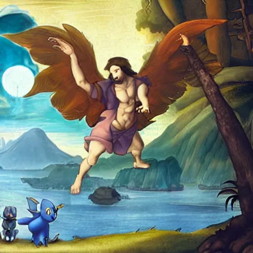 Prompt: pokemon renaissance painting, Leonardo da Vinci, dramatic lighting, highly detailed