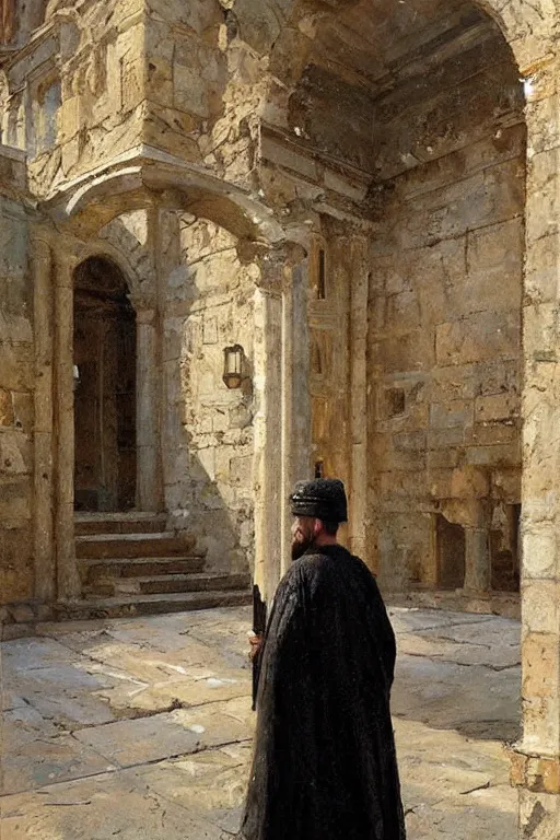 Image similar to an ancient byzantine palace guard walking through the byzantine courtyard by anders zorn, wonderful, masterpiece by greg rutkowski, beautiful cinematic light, by greg manchess, jessica rossier