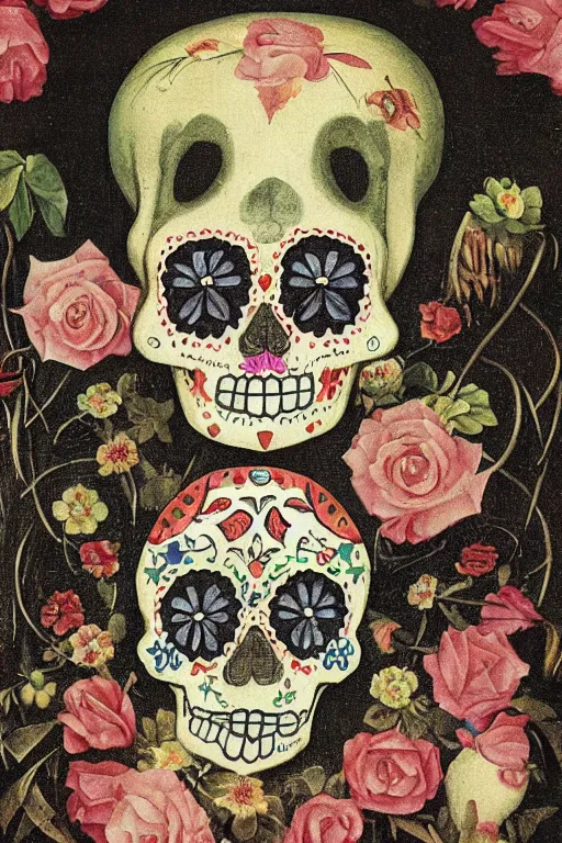 Prompt: illustration of a sugar skull day of the dead girl, art by hieronymus bosch