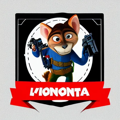 Image similar to “ logo of a upside down monkey in the style of zootopia holding laser gun, with a black background, digital art, award winning, trending on art station, retro style ”