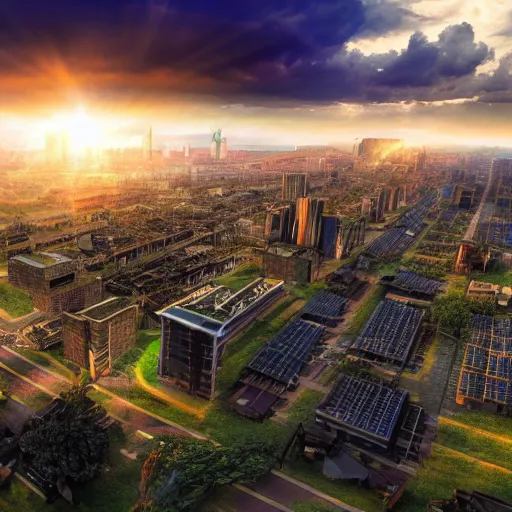 Image similar to photo of a real solarpunk city, sunset, hdr wide shot god rays