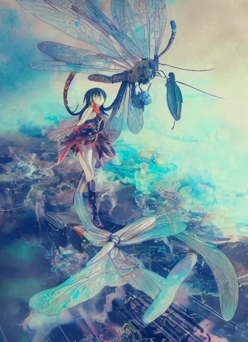Image similar to surreal gouache painting, by yoshitaka amano, by ruan jia, by Conrad roset, by good smile company, detailed anime 3d render of a magical Dragonfly flying on a DJ mixer, portrait, cgsociety, artstation, rococo mechanical and electronic, dieselpunk atmosphere