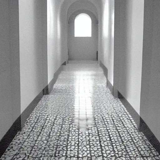 Image similar to Beautiful Fuzzy wide-eye-lens 15mm, harsh flash, cameraphone 2002, Photograph of an tiled infinite foggy foggy foggy liminal pool pool hallway hallway hallway with archways and water on the floor