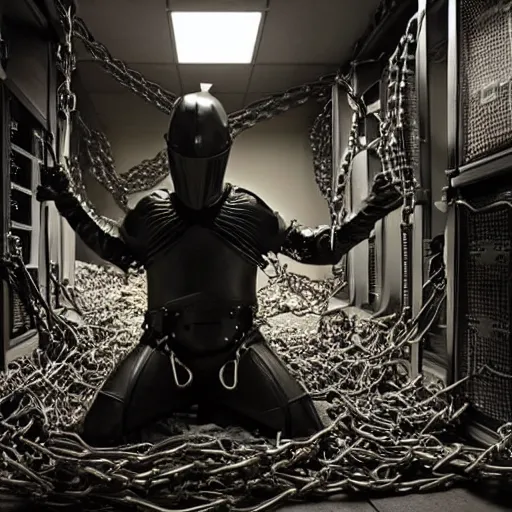 Image similar to “a photo of a kneeling knight wrapped in cables and chains in front of a glowing computer screen. The knight is in the center of a dark filthy dirty room filled with server racks and server cables hanging everywhere. The ground of the room is littered and covered with garbage and trash everywhere. It is dark and there are no lights. Cursed image. Nikon coolpix.”