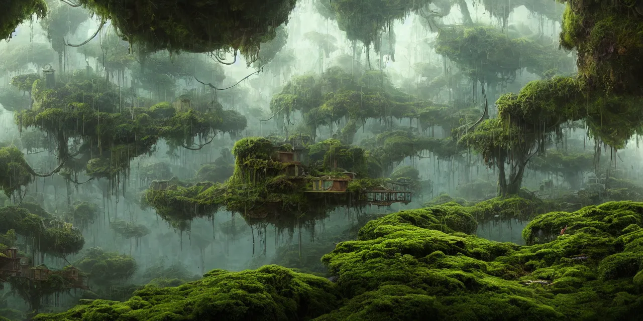 Prompt: a beautiful hyper realistic detailed matte painting of floating buildings and megastructure overgrown moss, made of tree and fantasy valley, by alejandro burdisio and laurie greasley, alejandro burdisio art, tyler edlin fantasy art, 4 k ultra realistic, cgsociety, dynamic volumetric cinematic lighting, trending on artstation