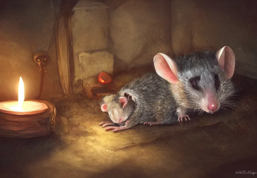 Image similar to cute possum sleeping inside a bed in a dark medieval cluttered cottage at night under the dim light of a candle, dark fantasy, dreaming illusion, trending on artstation