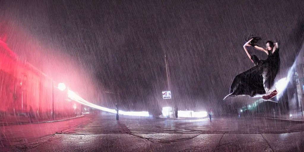 Prompt: fisheye slow motion with trail effect of futuristic break dancer wearing floating long dress, long exposure shot , at night in the middle of a rainy street, paddle of water, steam, fog, water splashes, rim lights, glossy reflections, water droplets on lens, octane render, dark and dramatic, detailed and soft, tongue of fires