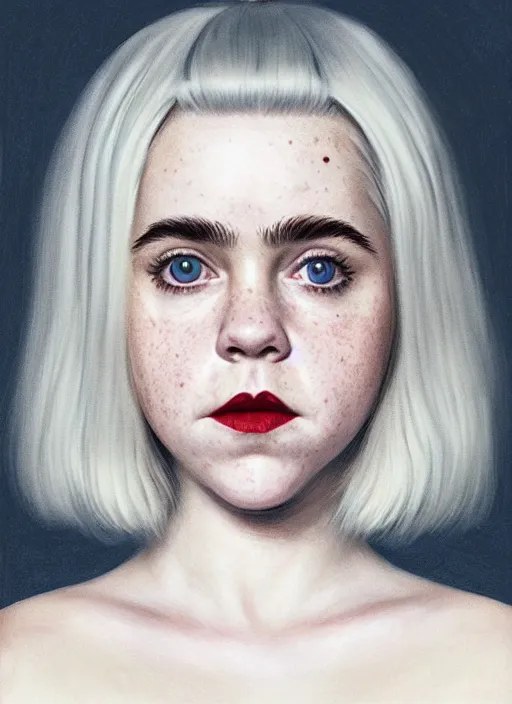 Image similar to full body portrait, kiernan shipka as sabrina spellman, white hair, obese, bangs, sultry, realistic, sultry smirk, fluffy bangs, freckles, fat, belly, intricate, elegant, highly detailed, digital painting, artstation, concept art, smooth, sharp focus, illustration, art by wlop, mars ravelo and greg rutkowski