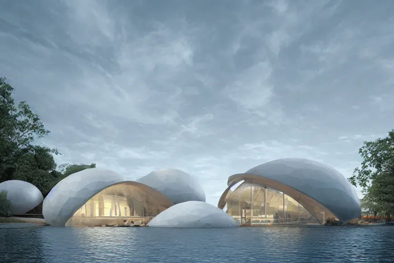 Image similar to a building composed of many white spherical egg shaped circular spaces and boolean combinations stacked together. on the calm lake, people's perspective modern curved architecture, future, wood, marble, metal award winning, highly detailed 4 k art, dusk, unreal engine highly rendered, global illumination, radial light, internal environment by kazuyo sejima