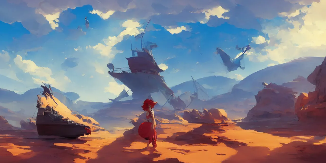 Image similar to blue desert with pirate ship in the sky, official fanart behance hd artstation by jesper ejsing, by rhads, makoto shinkai and lois van baarle, ilya kuvshinov, ossdraws