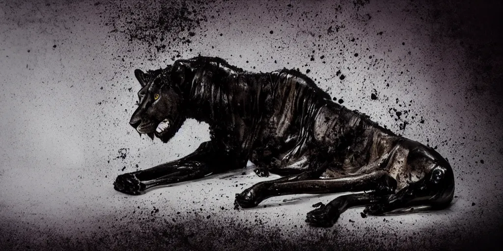 Prompt: a black lioness, made of ferrofluid, viscous, sticky, full of ferrofluid, laying on the white couch in the living room, covered with black goo. photography, dslr, realism, color, rimlight, wrinkles, reflections, animal photography, black goo