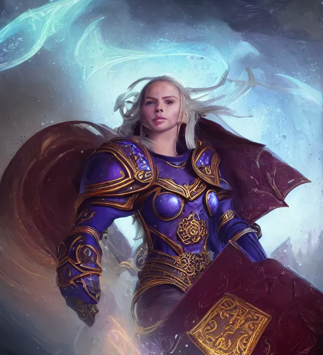 Image similar to Jaina Proudmore portrait, intricate arcane armor, glowing magical runes and esoteric symbols, subject in the middle of the frame, rule of thirds, golden ratio, elegant, digital painting, octane 4k render, zbrush, hyperrealistic, artstation, concept art, smooth, sharp focus, illustration from Warcraft by Ruan Jia and Mandy Jurgens and Artgerm and William-Adolphe Bouguerea