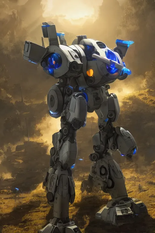 Image similar to mechwarrior 5 : mercenaries mech megaman transformer robot boss tank engine game octane render, 4 k, hd 2 0 2 2 3 d cgi rtx hdr style chrome reflexion glow fanart, global illumination ray tracing hdr fanart arstation by ian pesty by jesper ejsing pixar and disney unreal zbrush central hardmesh