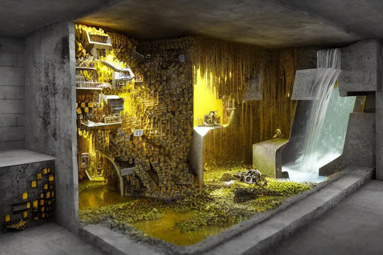 Prompt: favela bunker spaceship beeswax hive, brutalist waterfall environment, industrial factory, whimsical, award winning art, epic dreamlike fantasy landscape, ultra realistic,