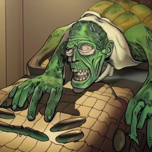 Image similar to foto of frankenstein reanimating turtle from the dead in a op room