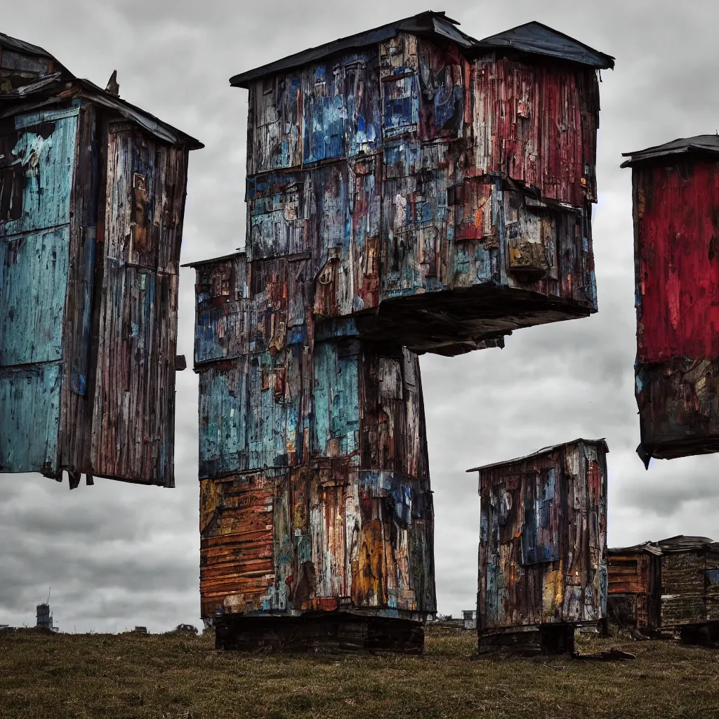 Prompt: three towers, made up of makeshift squatter shacks with vintage colours, dystopia, hasselblad x 1 d, moody sky at the back, fully frontal view, very detailed, ultra sharp, photographed by jeanette hagglund