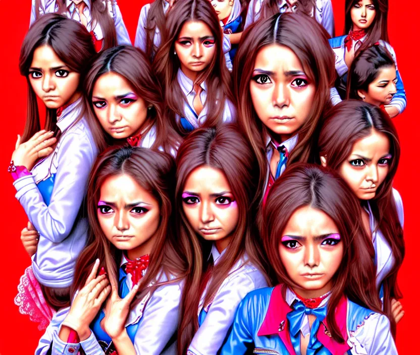 Image similar to richly detailed colored pencil 3D illustration of the female students of the Mexican telenovela called Rebelde who are resigned to their fate of being engulfed by an evil toad demon. surreal art by Range Murata and Artgerm.