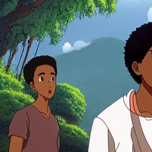 Prompt: dark skin man in a studio ghibli film, nature, dreamy