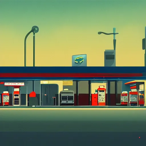 Prompt: a matte painting of a gas station at night by james gilleard, emiliano ponzi, george ault, bauhaus, retrofuturism, concept art, matte background, matte drawing