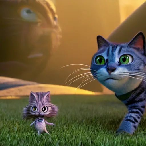 Image similar to a cinematic fill still from a 2015 Pixar movie where anthropomorphic cats battle with aliens, in the style of Pixar, shallow depth of focus