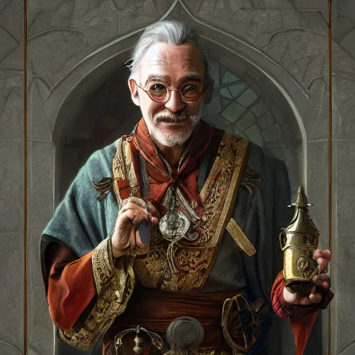 Prompt: patch adams as a cleric, d & d, fantasy, intricate, elegant, highly detailed, digital painting, artstation, concept art, matte, sharp focus, illustration, art by greg rutkowski and alphonse mucha