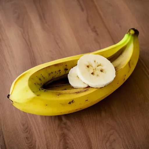 Image similar to a banan made of tiny banana over a banana colored table