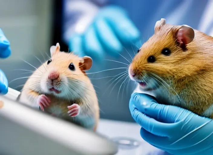 Image similar to film still of a hamster working in a research lab finding the cure for cancer, 8 k