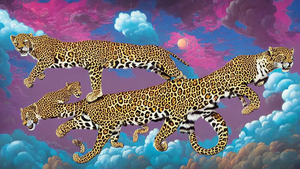 Prompt: highly detailed painting of a dream involving jaguars in colorful clouds in the middle of the night by oliver vernon artist, joseph moncada, damon soule, manabu ikeda, kilian eng, moebius, nico delort, kyle hotz, dan mumford, otomo, 4 k resolution