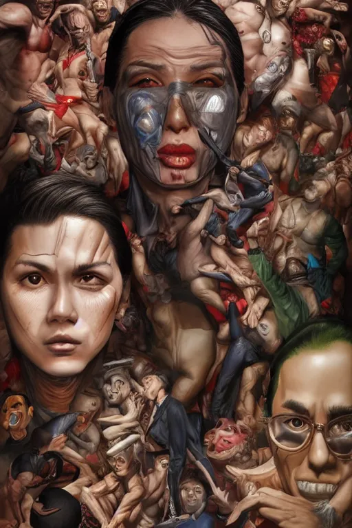 Image similar to place full of tunnel rats - pop art, hyperrealistic, detailed by artgerm and richard hamilton and mimmo rottela and bob rafei and kazuma kaneko and bengus and yoshitaka amano, face features, human anatomy features, sharp focus, realistic detail human composition, anatomy models details, multicultural race